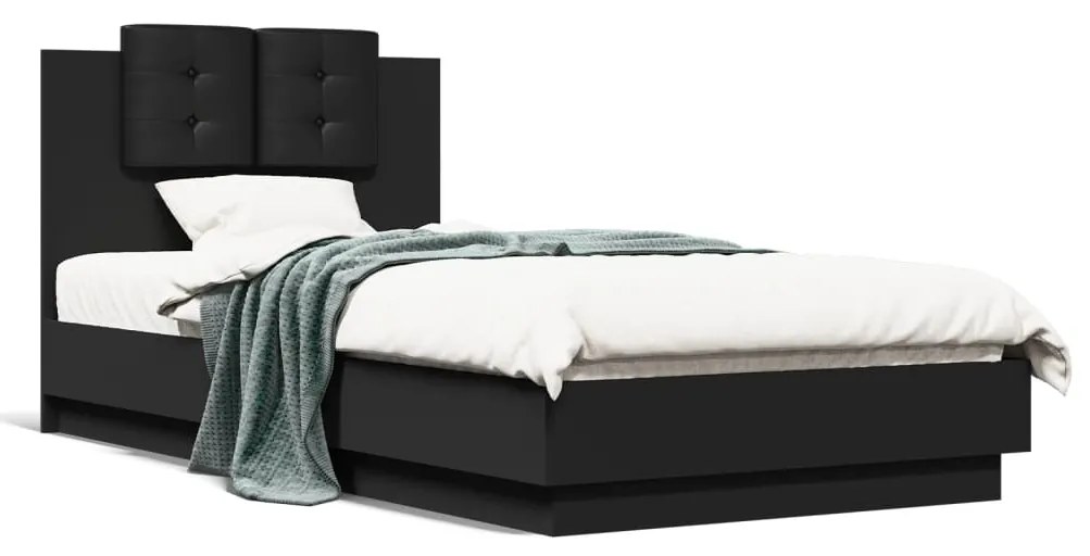 Estrutura de cama c/ cabeceira e luzes LED 90x190 cm preto