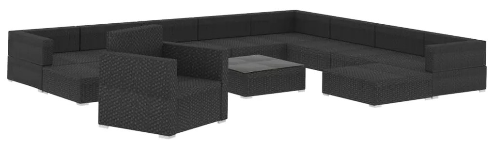 12 pcs conjunto lounge de jardim c/ almofadões vime PE preto