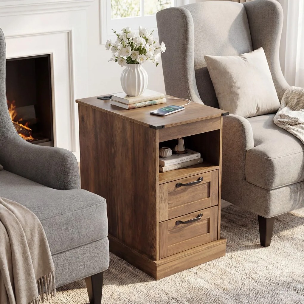 Conjunto de 2 mesas de cabeceira, mesas apoio rústicas com estação de carregamento e 2 gavetas Pretas e castanho rustico