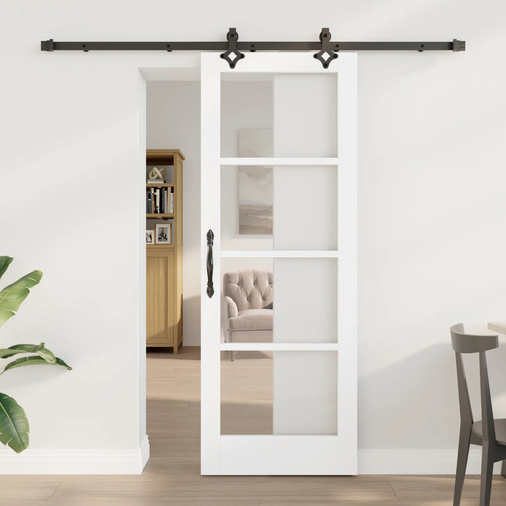 Conjunto de Porta Deslizante vidaXL com Hardware 'ORKDAL'Madeira Sólida e Vidro Branco