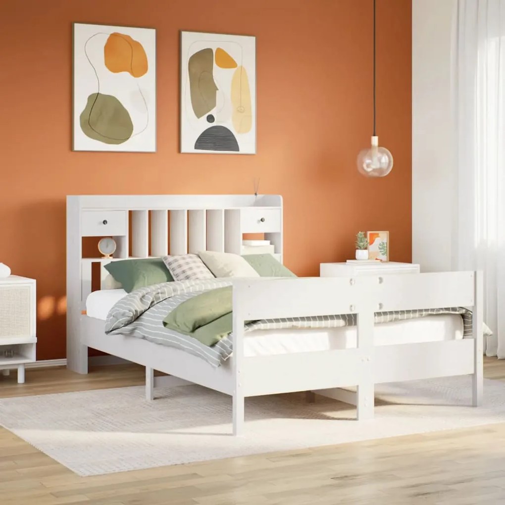 Cama com estante sem colchão 140x190 cm pinho maciço branco