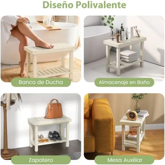 Banco de Casa de banho 61 x 31 x 49 cm  com prateleira de armazenamento Banco de duche impermeável Branco