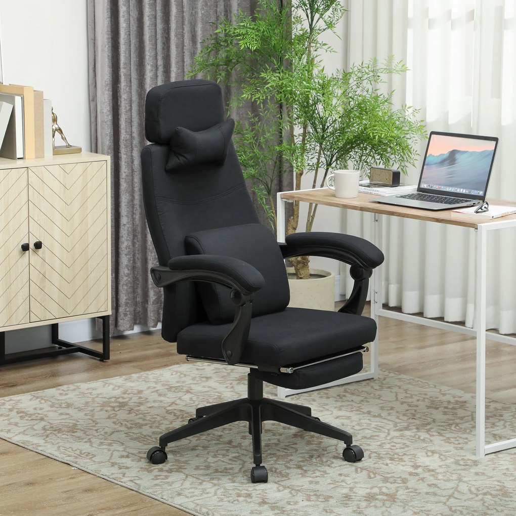 Cadeira de escritório de grande conforto, encosto ajustável, apoio para os pés, Rodas de 360°, linho, 62 x 68 x 127 cm, preta