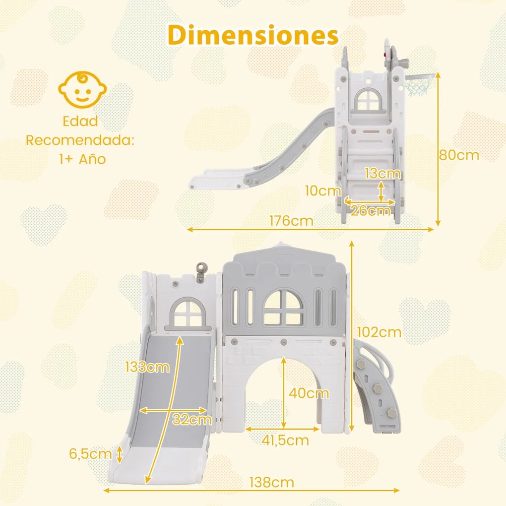Escorrega infantil 9 em 1 com cesto de basquetebol, telescópio, ponte suspensa e túnel para 1+ anos 176 x 138 x 80 cm cinzento e branco