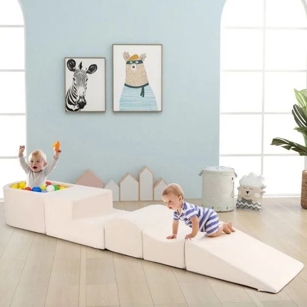 Conjunto infantil de 5 peças para trepar e fazer rampas Blocos de construção em esponja com piscina de bolas Cobertura lavável Criativo Bege