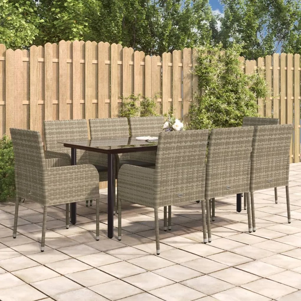 vidaXL 9 pcs conjunto jantar jardim c/ almofadões vime PE preto/cinza