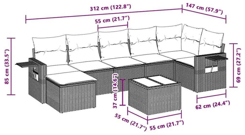 8 pcs conj. sofás jardim c/ almofadões vime PE cinzento-claro