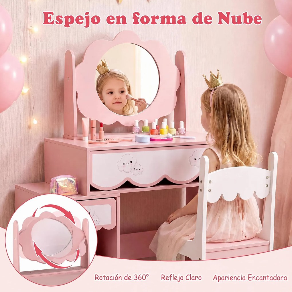 Conjunto de Toucador Infantil e Cadeira, 80 x 40 x 112 cm, Amplo Espaço de Arrumação, Cor-de-rosa