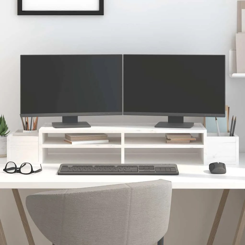 vidaXL Suporte para monitor 100x27,5x15 cm madeira pinho maciça branco