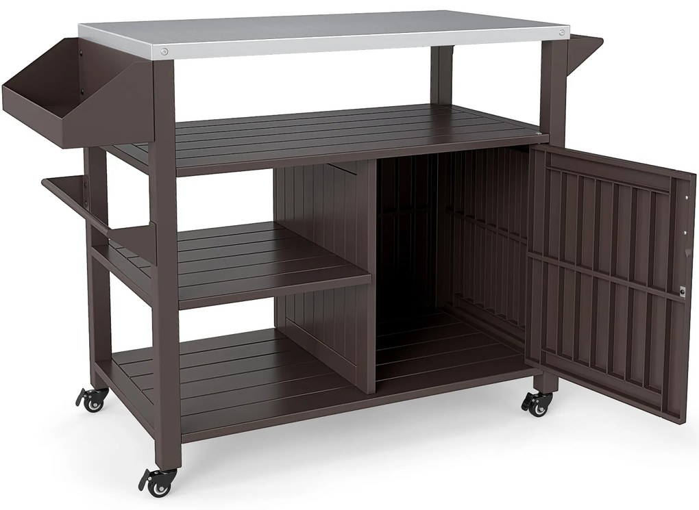 Carrinho para churrasco 116 x 50 x 87 cm com rodas com bancada em aço inoxidável, 3 prateleiras, armário e prateleira para temperos Castanho + Pratead