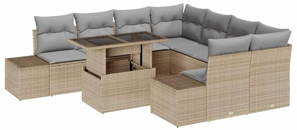 Conjunto de Sofá de Jardim 9 Peças com Almofadas Bege em Rattan Sintét