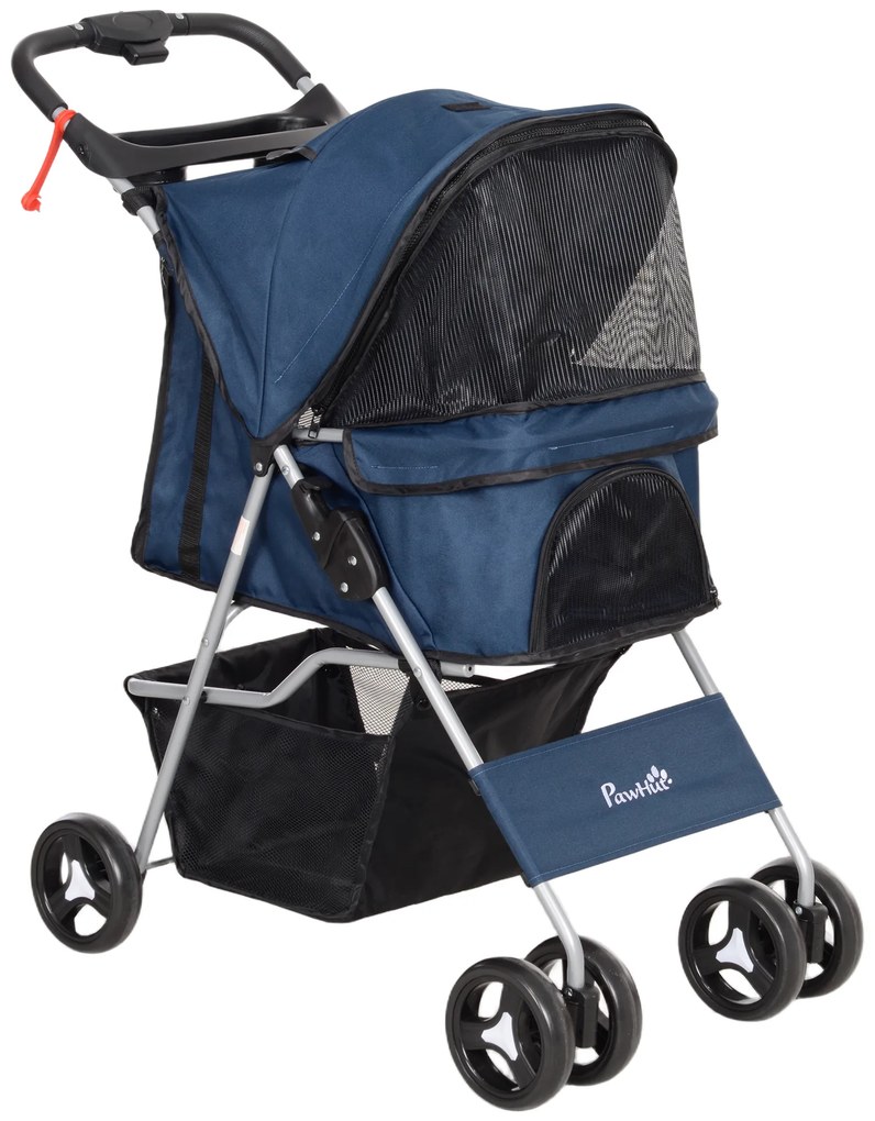 PawHut Carrinho para Animais de Estimação Dobrável com Capô Ajustável Cesta de Armazenamento 74x46x94 cm Azul Escuro | Aosom Portugal