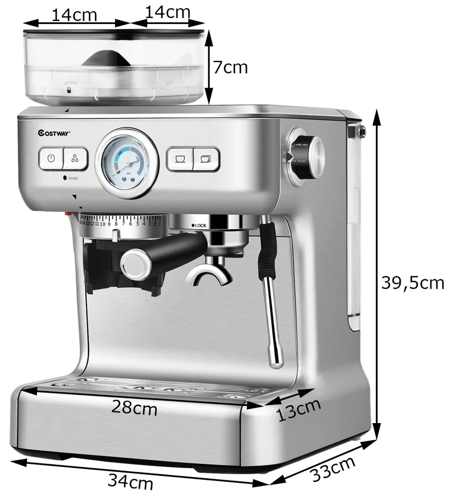 Máquina Automática de Café em Aço Inoxidável com Tanque de Moagem Máquina de Café Profissional para Café Doméstico 34 x 33 x 39,5 cm Prata