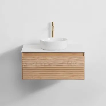 Conjunto De Móvel De Casa De Banho Suspenso Em Madeira De Freixo Tedrik Castanho Fresno & Cerâmica Redonda Branca Ø40 Cm Lenka & - Sklum