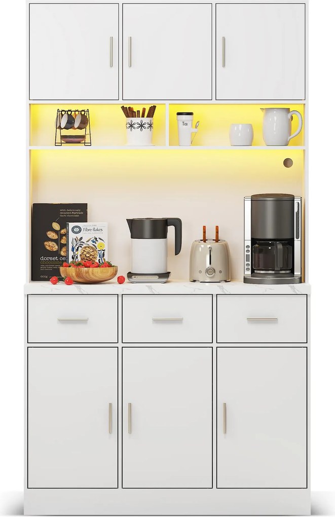 Buffet de cozinha multifuncional, 3 gavetas silenciosas e 6 portas de armário, 100x40x180 cm, Branco| AOSOM Portugal