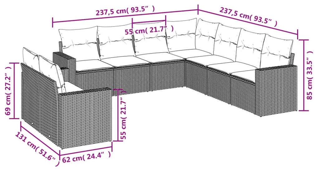 9 pcs conjunto sofás p/ jardim c/ almofadões vime PE castanho