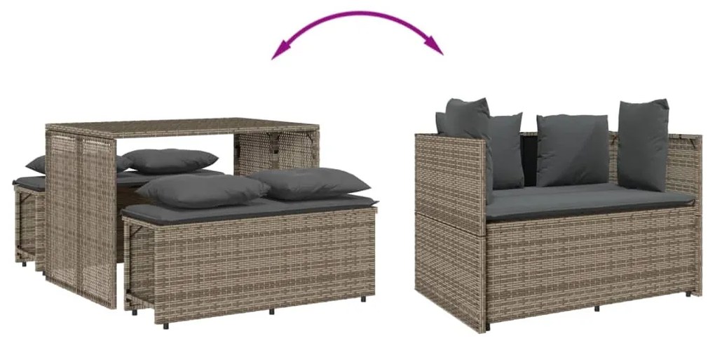 3 pcs conjunto de jantar p/ jardim c/ almofadões vime PE cinza