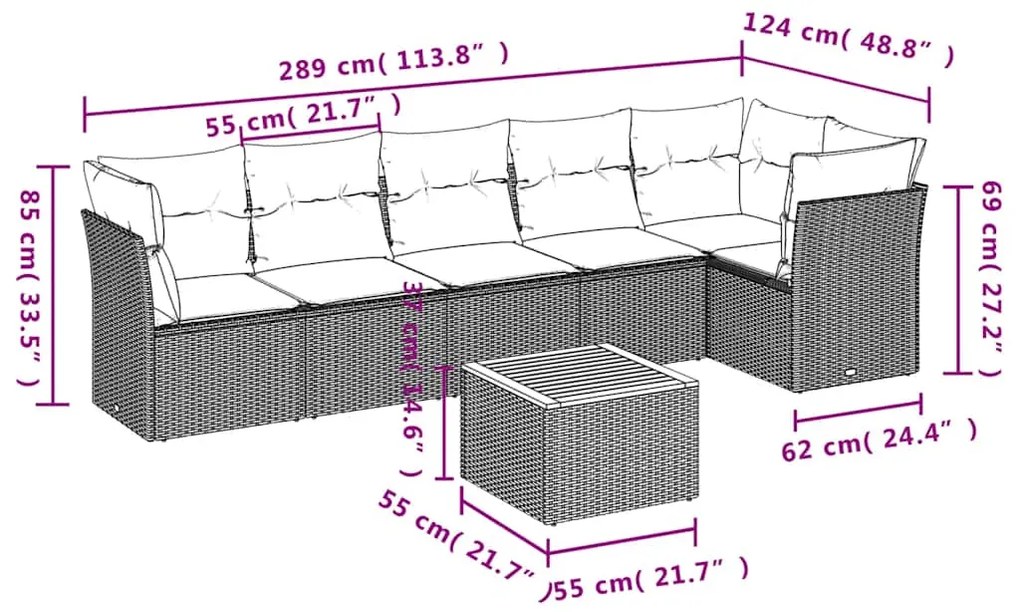7 pcs conjunto de sofás p/ jardim c/ almofadões vime PE preto