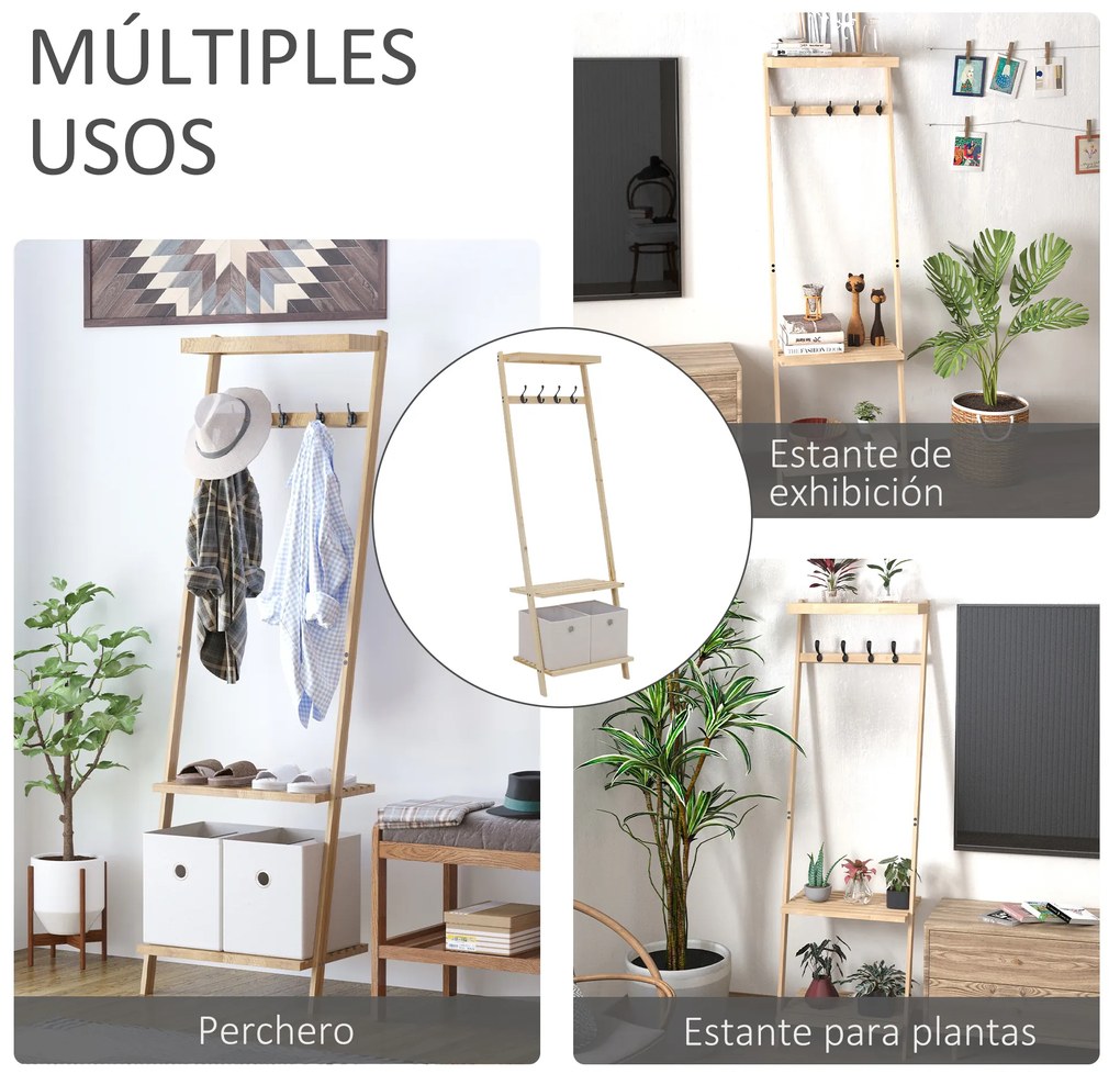 HOMCOM Suporte para Cabides de Madeira Cabideiro com Prateleiras 2 Gavetas de Tecido e 4 Ganchos para Pendurar Roupas Bolsas para Entrada Dormitório 55x37x173cm Madeira