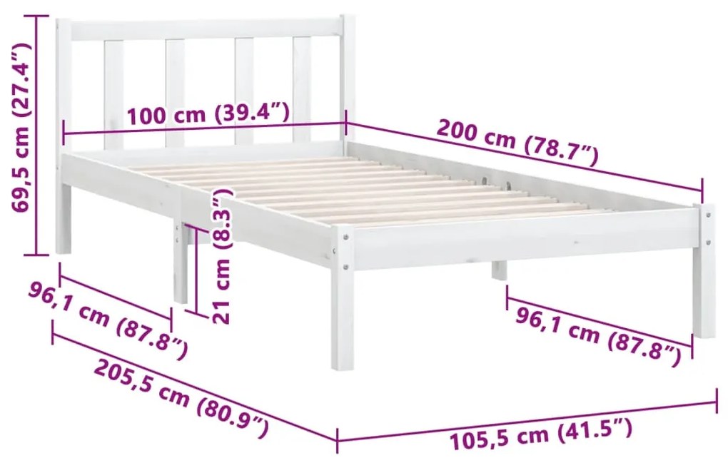 Estrutura de Cama Jane em Madeira de Pinho - 100x200 cm - Branco - Des