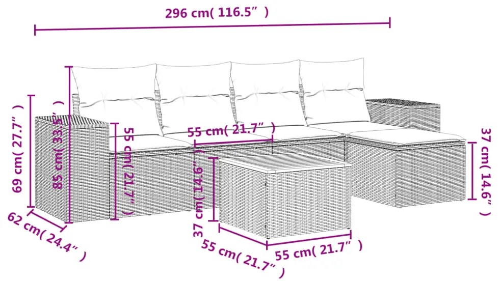 6 pcs conjunto sofás de jardim c/ almofadões vime PE preto