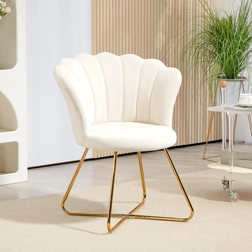 Poltrona em forma de concha, cadeira de Toucador, poltrona em veludo, poltrona de sala com pés em aço, 69 x 64 x 80 cm, creme