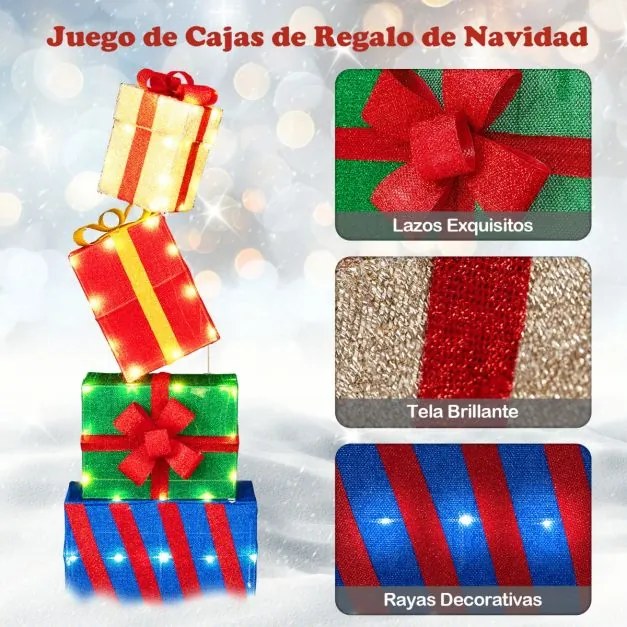 Conjunto de 4 caixas de presente iluminadas de Natal luminosas com laços coloridos 52 luzes LED brancas quentes multicoloridas
