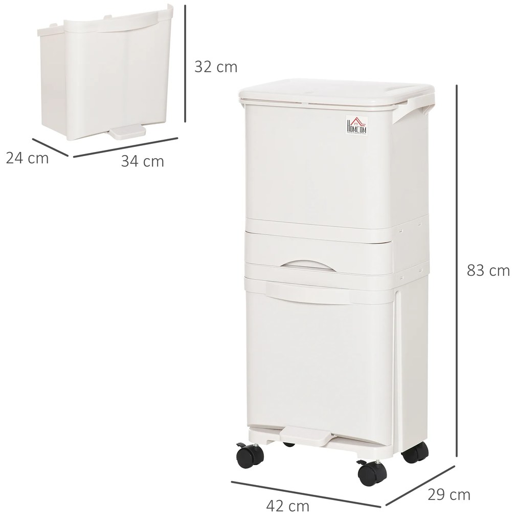 HOMCOM Caixotes de Lixo e Reciclagem 45L Caixote Móvel com Rodas 4 Compartimentos Gaveta Abertura e Fechamento com Botão e Pedal 42x29x83cm Branco