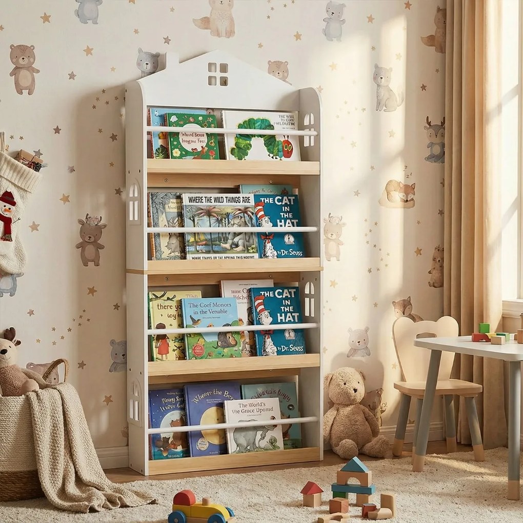 Estante infantil desenho Casa 61 x 15 x 130 cm com 4 níveis com barreiras antiqueda e barra metálica Branco e Natural