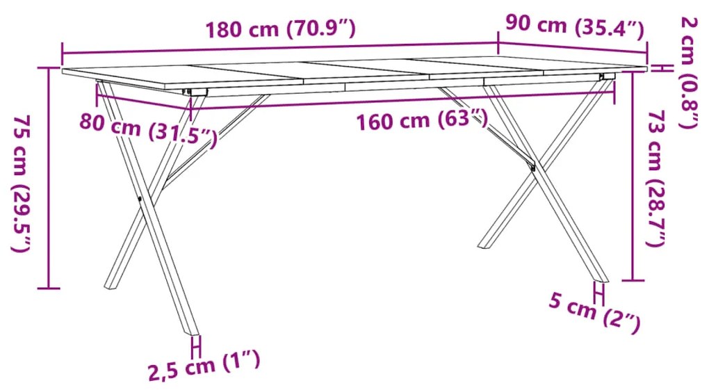 Mesa de jantar estrutura em X 180x90x75cm pinho e aço