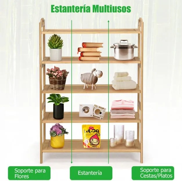 Sapateira de bambu com 5 níveis para sapatos com duas alças arredondadas 67,31 x 26,67 x 96,52 cm natural