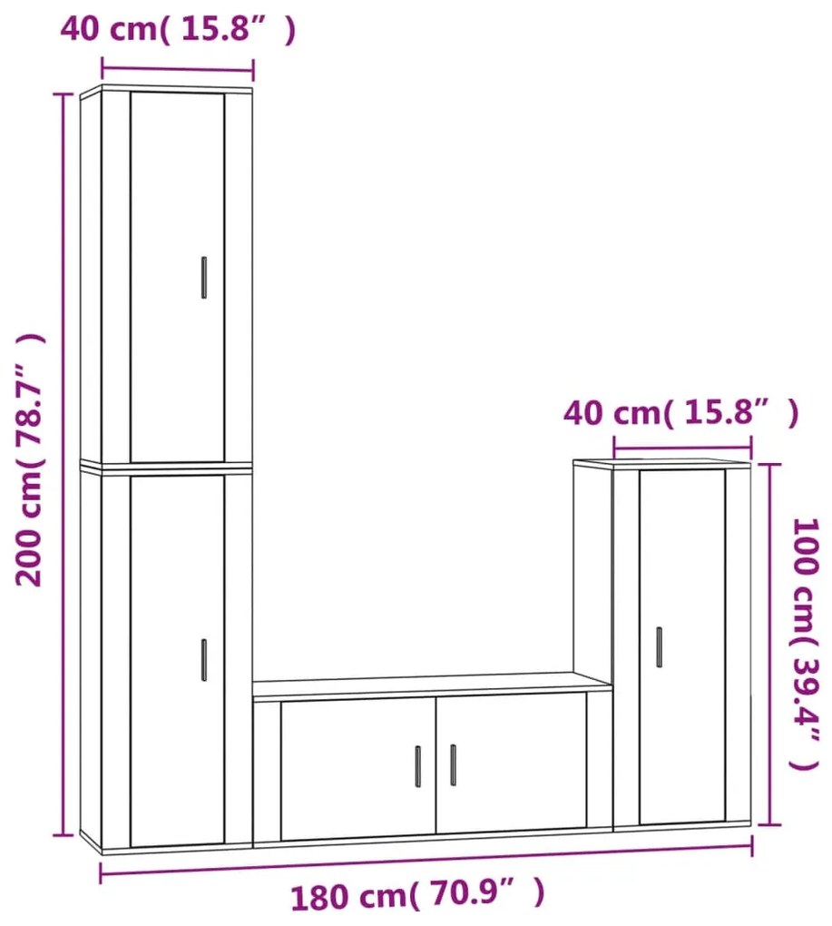 4 pcs conjunto móveis de TV madeira processada branco brilhante