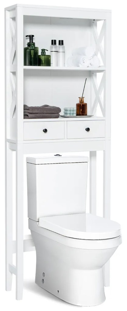 Armário Casa de banho de arrumação sobre a sanita Organizador com calha regulável 2 prateleiras Gaveta economizadora de espaço 60 x 20 x 165,5 cm Branco