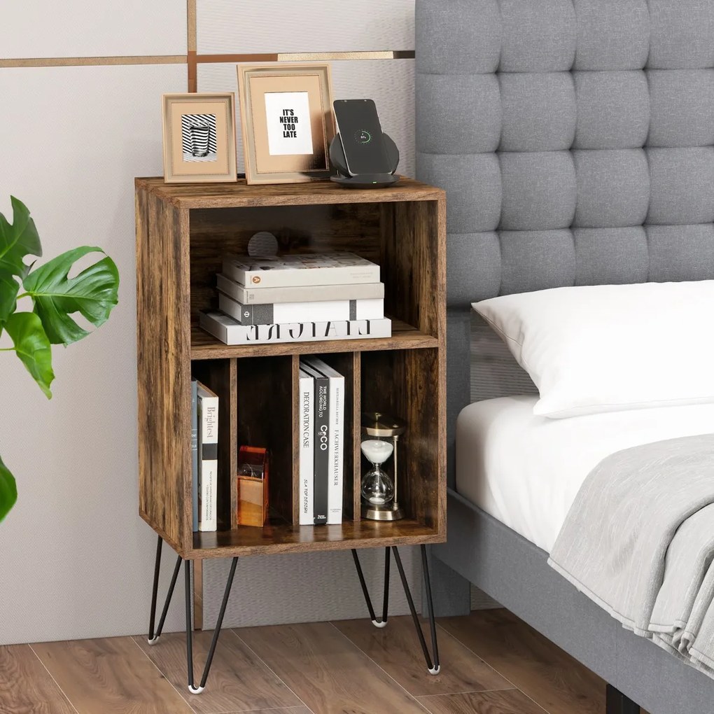Suporte para discos de 3 níveis Mesa de armazenamento de discos com estação de carregamento Estante 4 divisórias 48 x 40 x 88 cm Castanho rústico