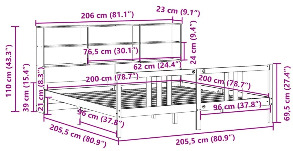 Cama com estante sem colchão 200x200 cm pinho maciço branco