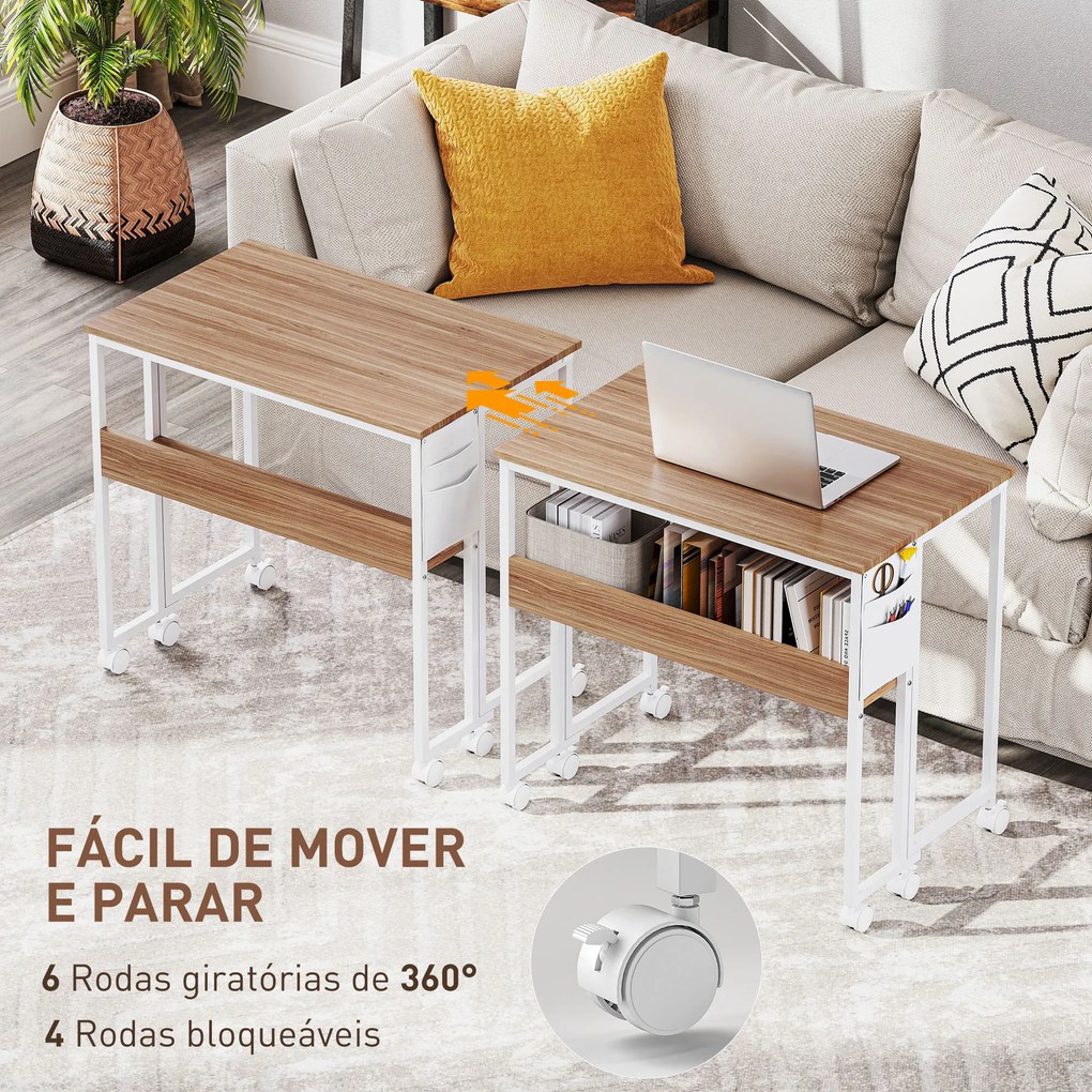 Secretária Dobrável com Rodas e Prateleira Mesa Secretária Compacta com Bolsa de Armazenamento 80x50x75 cm Madeira e Branco