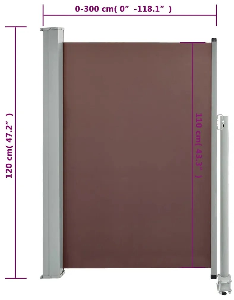 Toldo lateral retrátil para pátio 120x300 cm castanho