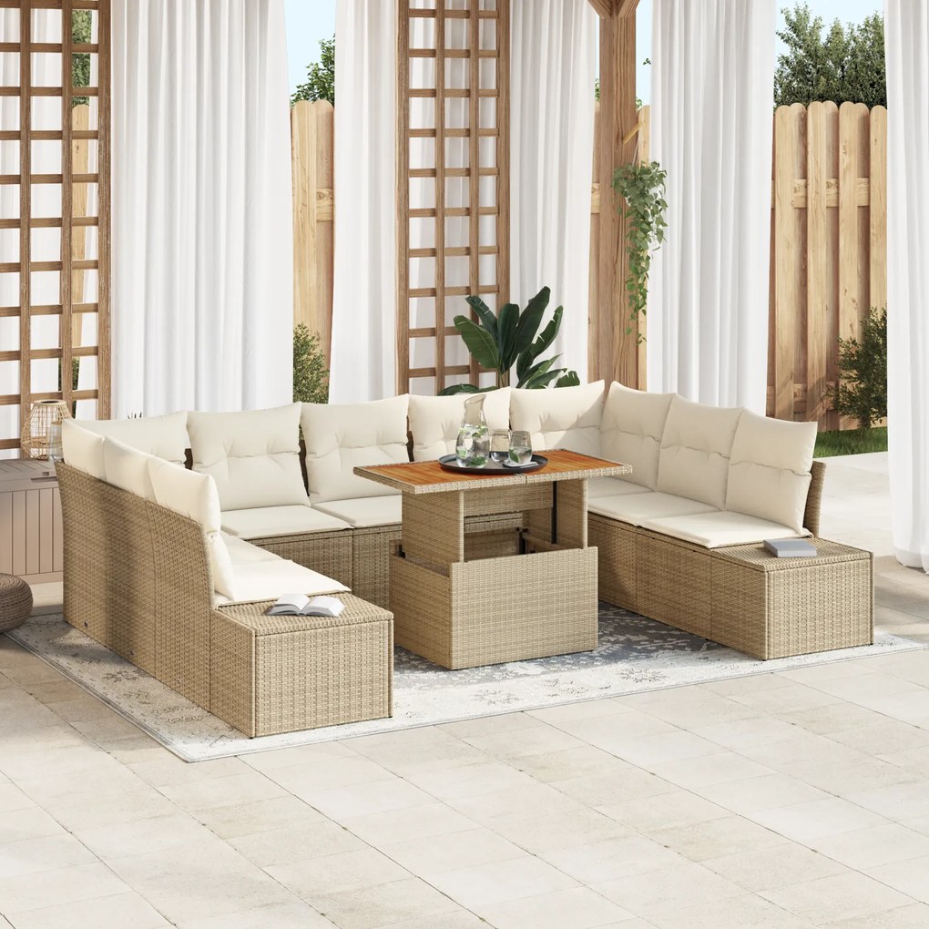 Conjunto de Sofá de Jardim com 10 Peças com Almofadas Bege Rattan PE