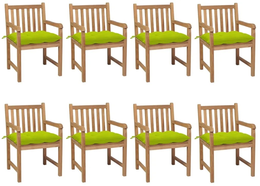 vidaXL Cadeiras de jardim almofadões verde brilhante 8 pcs teca maciça