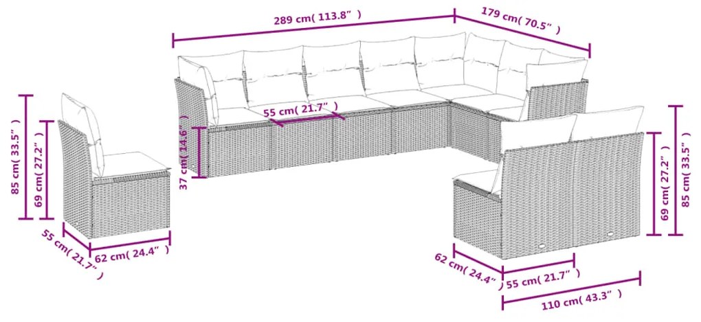 10 pcs conjunto sofás de jardim c/ almofadões vime PE cinzento