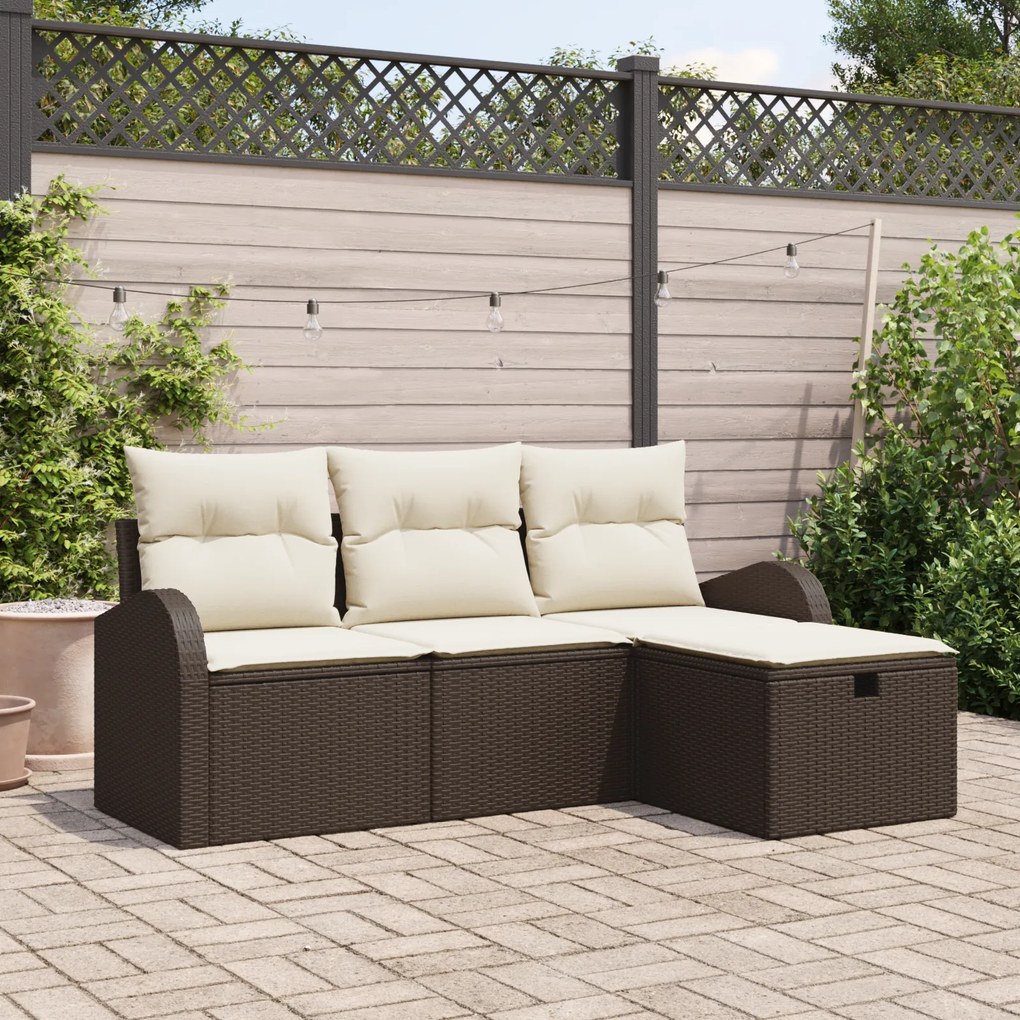 Conjunto de Sofá de Jardim vidaXL de 4 Peças Com Almofadas Castanho Po