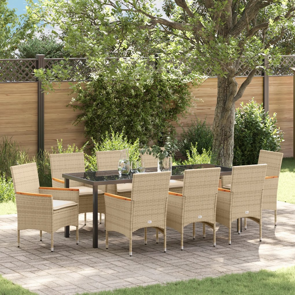 Conjunto de Jantar de Jardim de 9 Peças com Almofadas Bege Rattan Poliéster