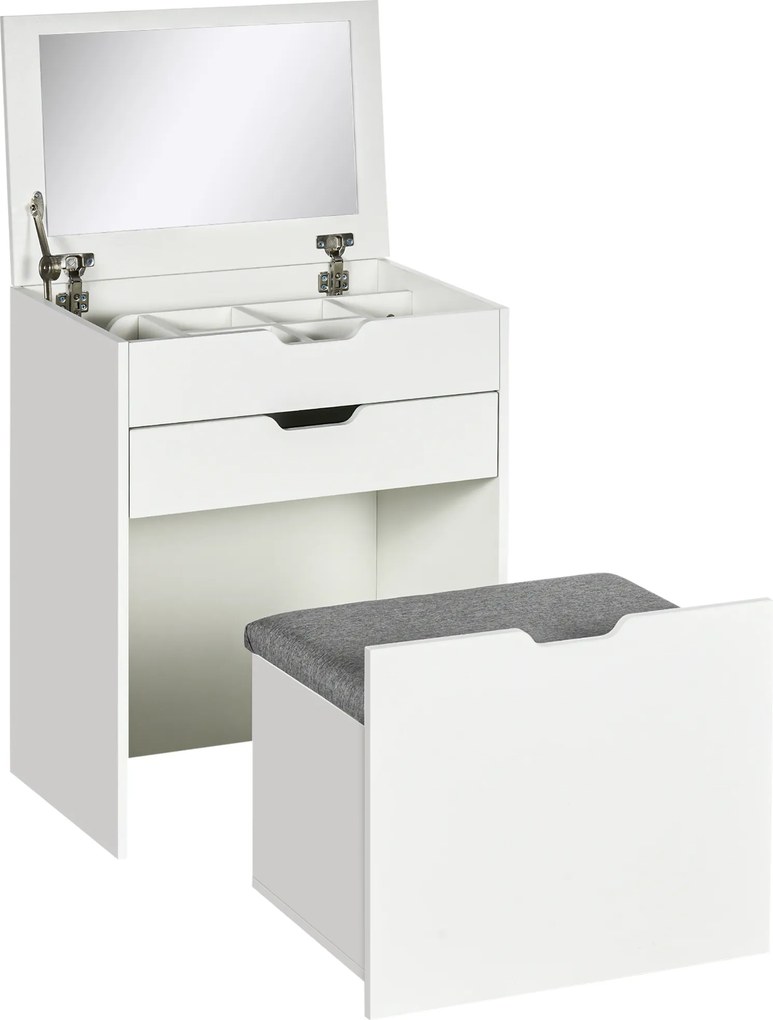 HOMCOM Toucador com Banco Oculto e Espelho Rebatível Mesa de Maquilhagem com Gaveta e 7 Compartimentos Banco Acolchoado Branco | Aosom Portugal
