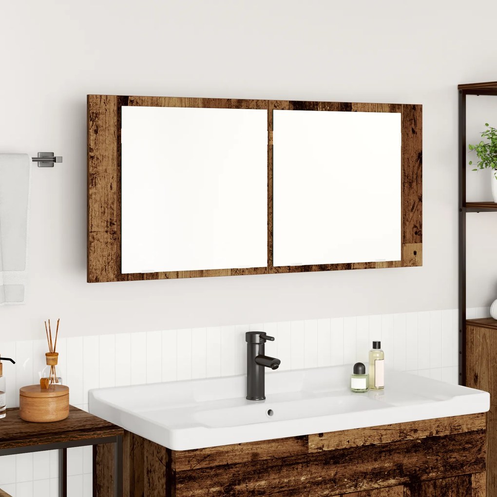 vidaXL Armário de Espelho LED Madeira Velha 100x12x45 cm