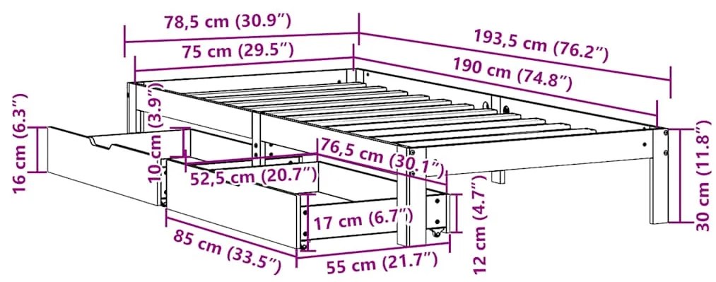 Estrutura de cama com gavetas 75x190 cm madeira de pinho maciça