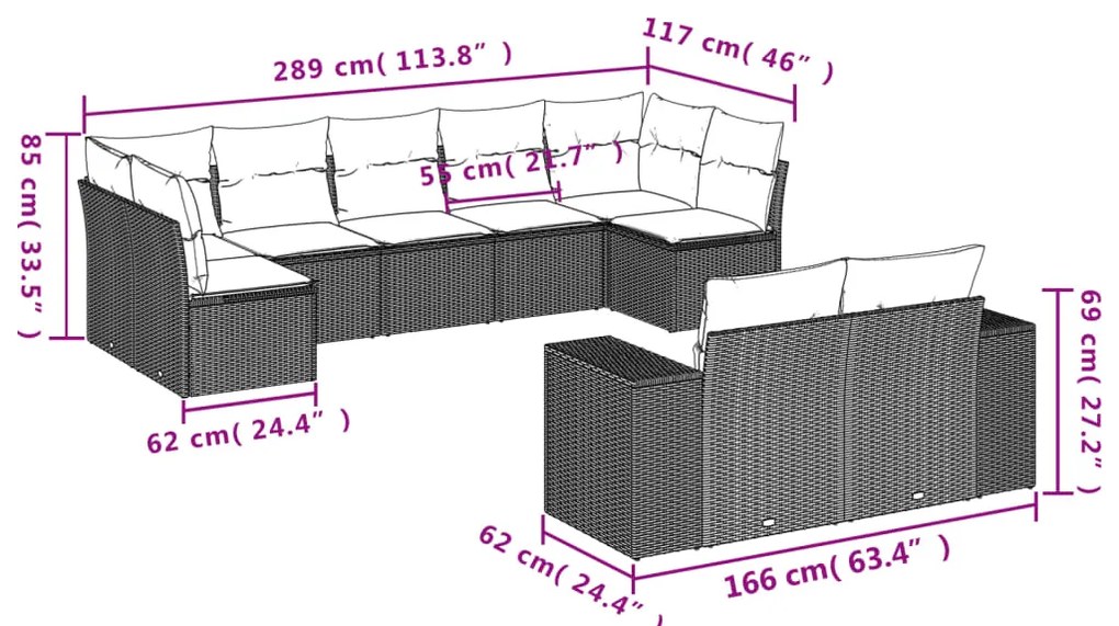 9 pcs conjunto sofás p/ jardim com almofadões vime PE cinzento