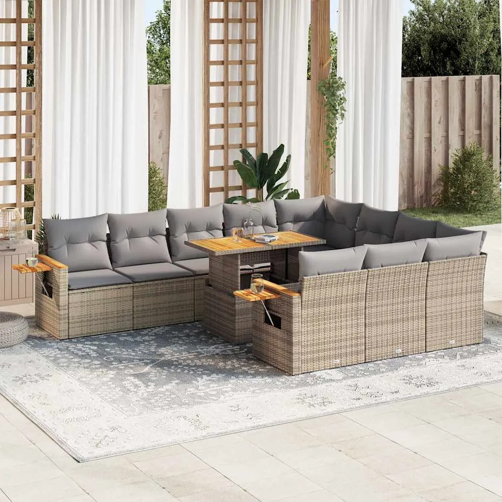 11 pcs conjunto sofás jardim c/ almofadões vime PE/acácia bege