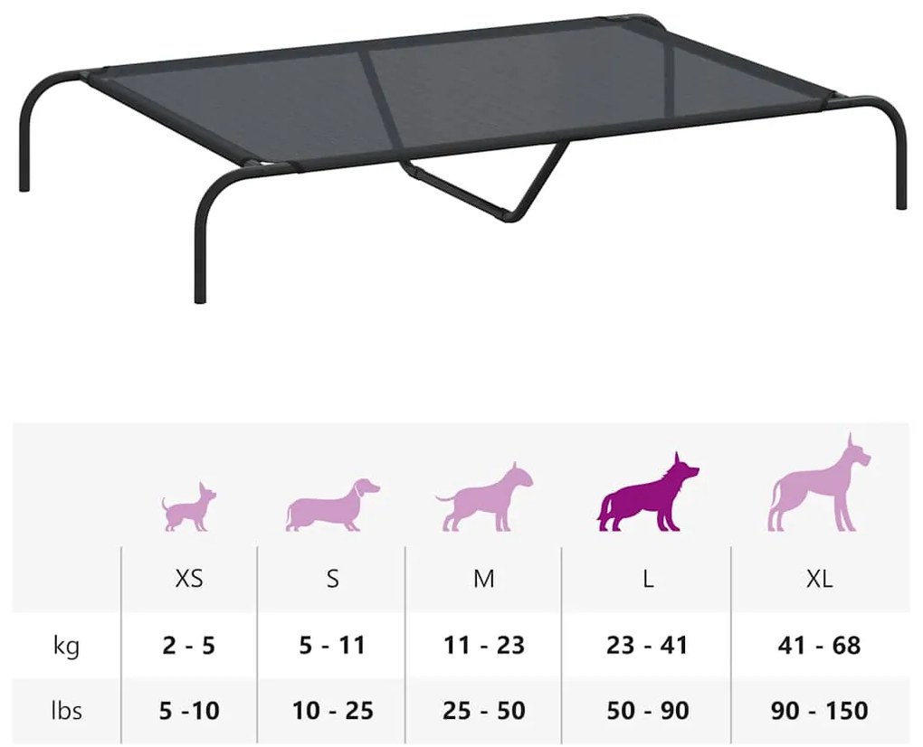 Cama para cães elevada 130x80x20 cm Textilene e aço preto