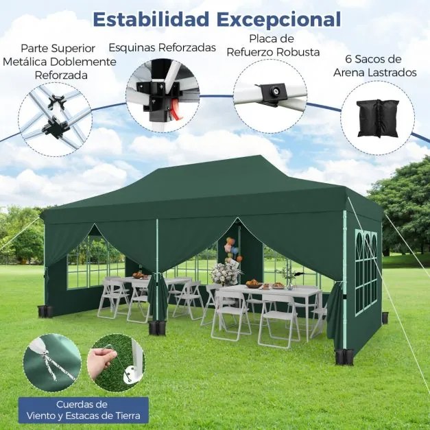 Tenda jardim, festas, eventos de 600 x 300 cm com 6 paredes laterais removíveis, com 6 pesos com bolsa de transporte Verde