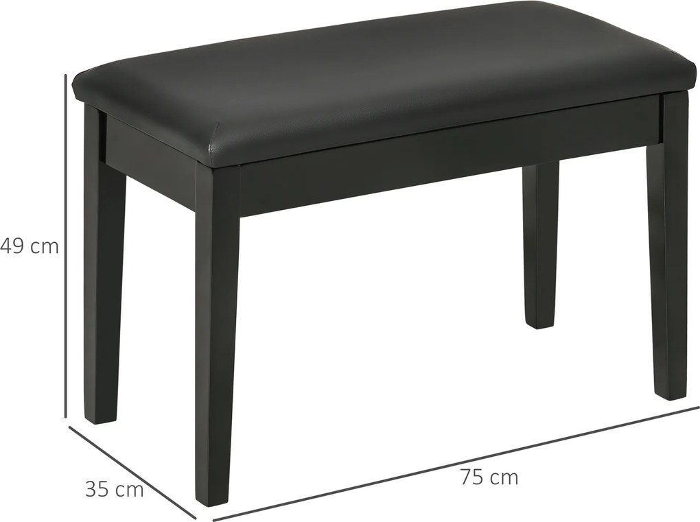 Banco de piano com assento almofadado, pés em madeira maciça e revestimento sintético, 75 x 35 x 49 cm, preto
